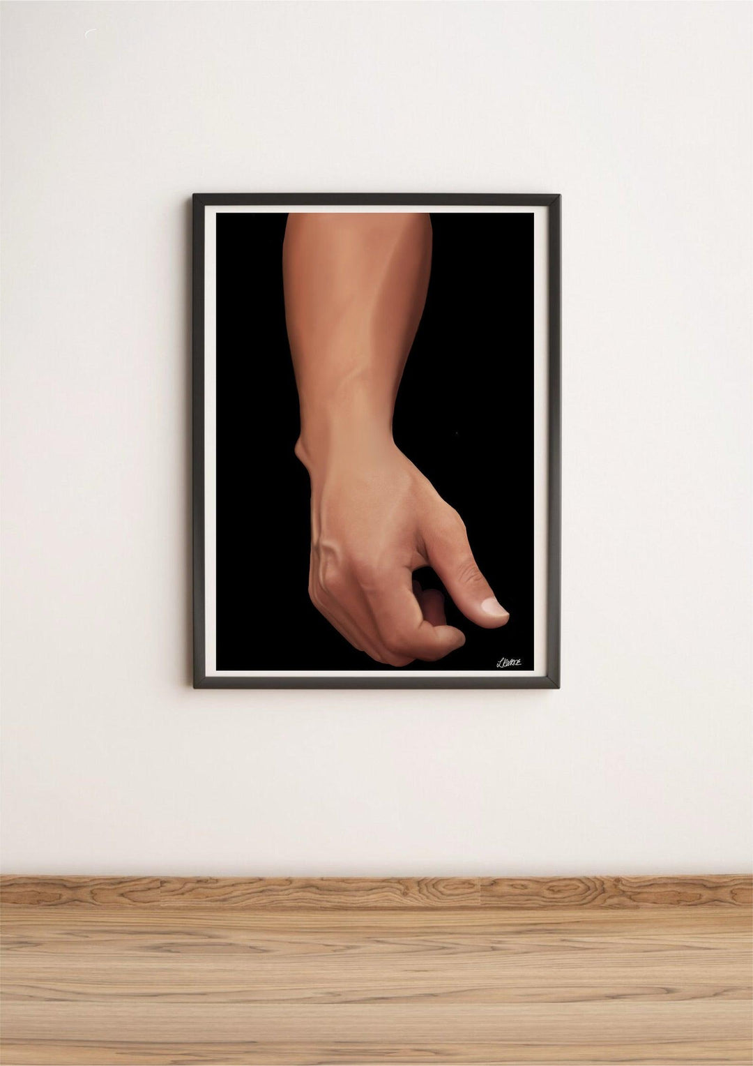Introducing the "Detailed Realism - Exquisite Hand and Forearm Artwork," a mesmerizing A3-sized masterpiece that brings art to life! Imagine a beautifully detailed right hand resting gracefully on a light wooden floor, set against the striking contrast of a solid black background. The relaxed fingers, slightly curled as they lean gently against a crisp white wall, are captured in stunning clarity with its high-gloss finish. This artwork is perfect for those who appreciate the finer details and want to add a