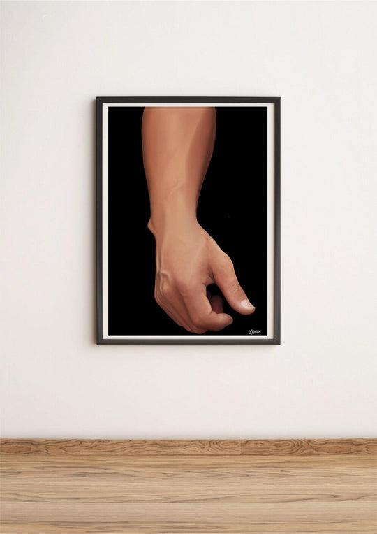 Introducing the "Detailed Realism - Exquisite Hand and Forearm Artwork," a mesmerizing A3-sized masterpiece that brings art to life! Imagine a beautifully detailed right hand resting gracefully on a light wooden floor, set against the striking contrast of a solid black background. The relaxed fingers, slightly curled as they lean gently against a crisp white wall, are captured in stunning clarity with its high-gloss finish. This artwork is perfect for those who appreciate the finer details and want to add a
