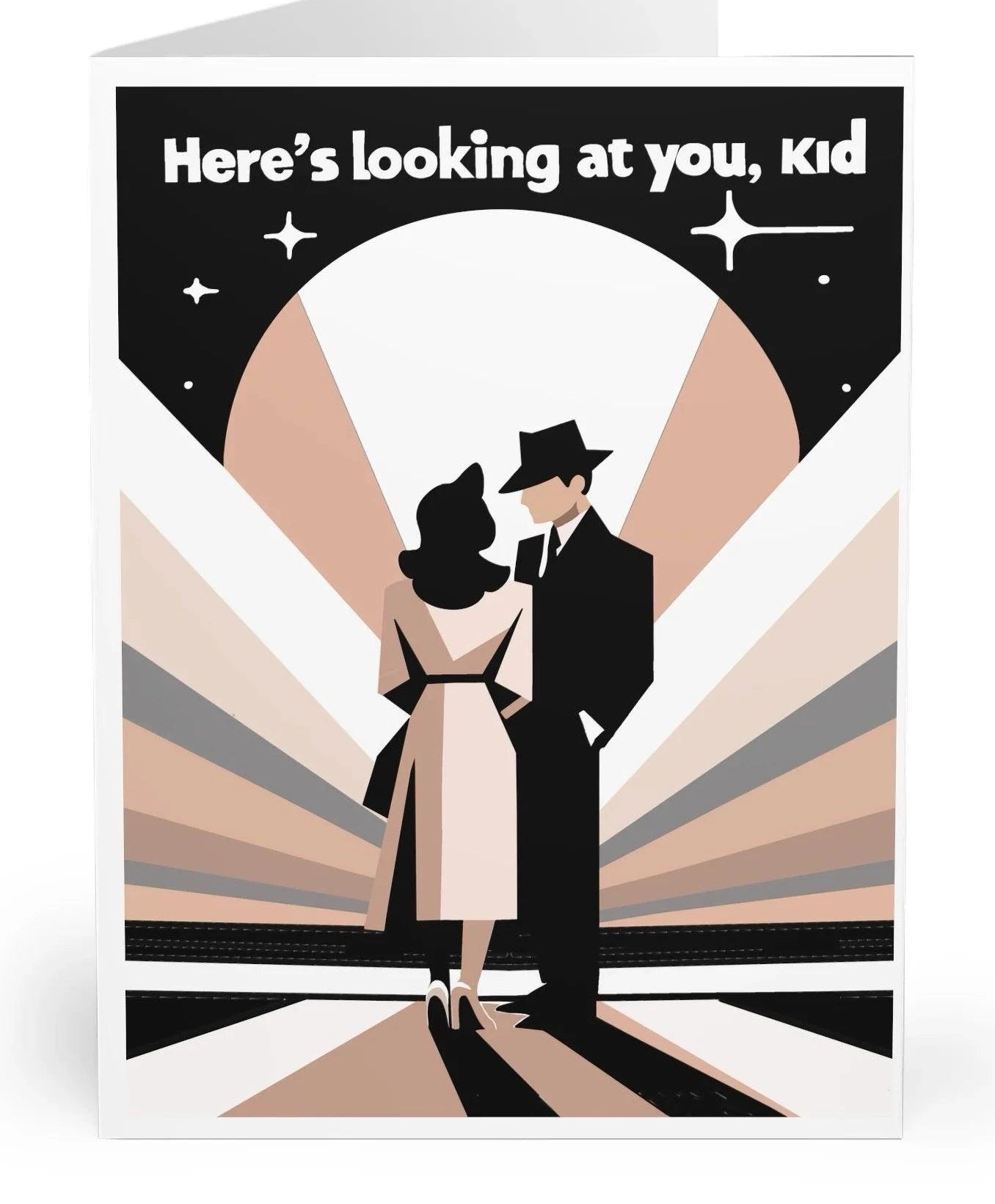 Casablanca-inspired greeting card featuring a minimalist design of a couple in retro attire, silhouetted against a backdrop of rays. The phrase 'Here's looking at you, kid' is printed at the top, capturing the iconic scene from the classic film.