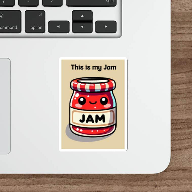 Cute red jam jar sticker labeled 'This is my Jam' with a smiling face, perfect for personalizing laptops and water bottles, waterproof and durable