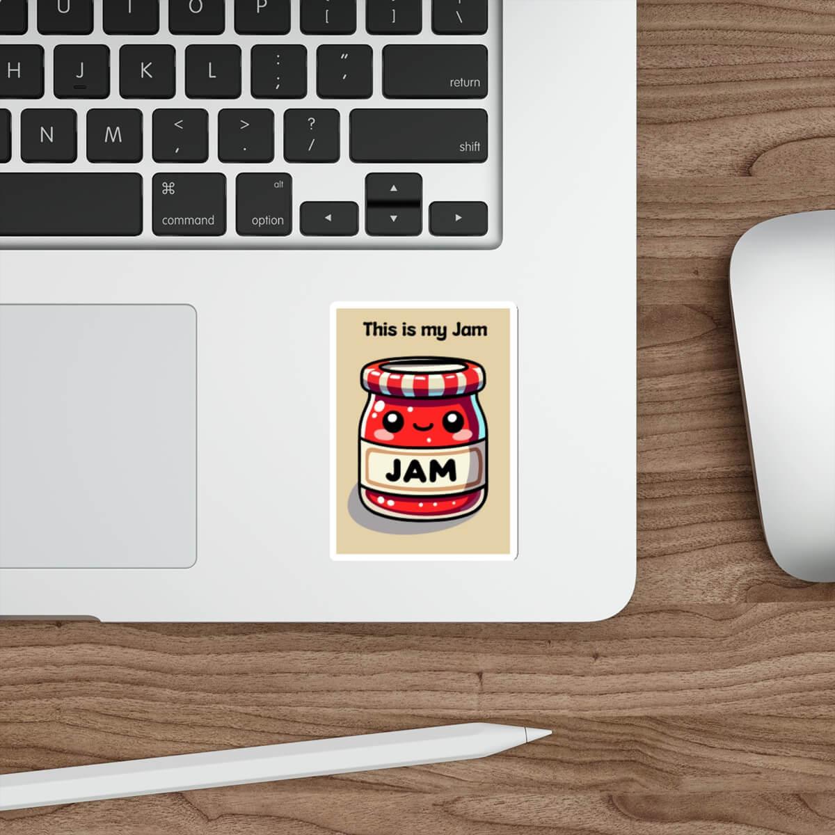 Cute red jam jar sticker labeled 'This is my Jam' with a smiling face, perfect for personalizing laptops and water bottles, waterproof and durable