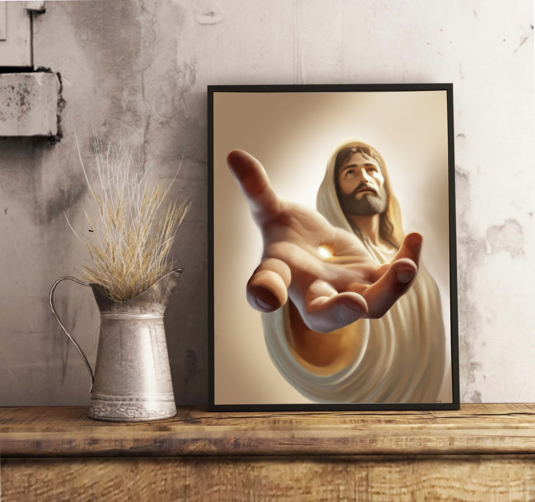 A "Jesus Christ of Nazareth" Art Print by Baby Keo captures the powerful reflection of sacrifice and love, featuring Jesus in a serene pose wearing a white robe with an outstretched hand against a softly glowing background that adds warmth. This spiritual artwork beautifully complements faith-based home decor when placed on a wooden shelf alongside a metal jug filled with dry grass, set against a textured wall.