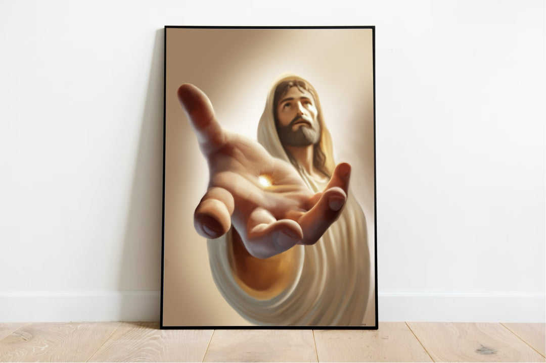 A "Jesus Christ of Nazareth" Art Print by Baby Keo captures the powerful reflection of sacrifice and love, featuring Jesus in a serene pose wearing a white robe with an outstretched hand against a softly glowing background that adds warmth. This spiritual artwork beautifully complements faith-based home decor when placed on a wooden shelf alongside a metal jug filled with dry grass, set against a textured wall.