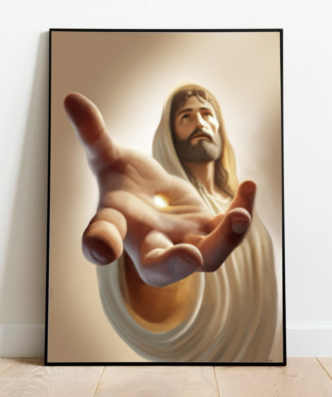 A "Jesus Christ of Nazareth" Art Print by KEOLIX captures the powerful reflection of sacrifice and love, featuring Jesus in a serene pose wearing a white robe with an outstretched hand against a softly glowing background that adds warmth. This spiritual artwork beautifully complements faith-based home decor when placed on a wooden shelf alongside a metal jug filled with dry grass, set against a textured wall.