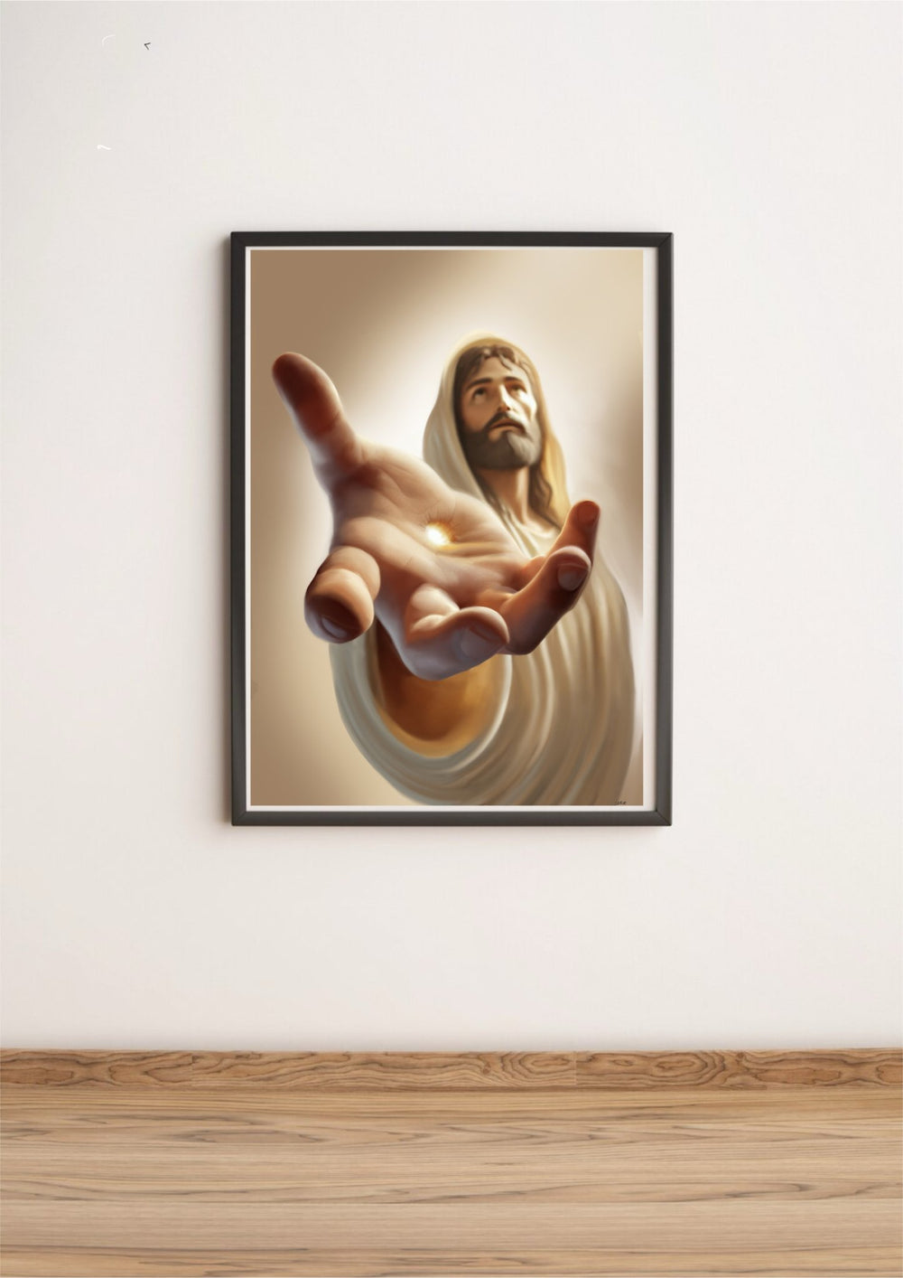 A "Jesus Christ of Nazareth" Art Print by Baby Keo captures the powerful reflection of sacrifice and love, featuring Jesus in a serene pose wearing a white robe with an outstretched hand against a softly glowing background that adds warmth. This spiritual artwork beautifully complements faith-based home decor when placed on a wooden shelf alongside a metal jug filled with dry grass, set against a textured wall.