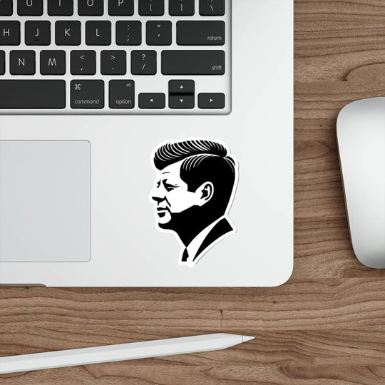 A stylish sticker featuring a minimalist black silhouette of John F. Kennedy in profile. Available with or without a background of minimalist USA flag stripes. Choose from single sticker, pack of 3, or pack of 6.
