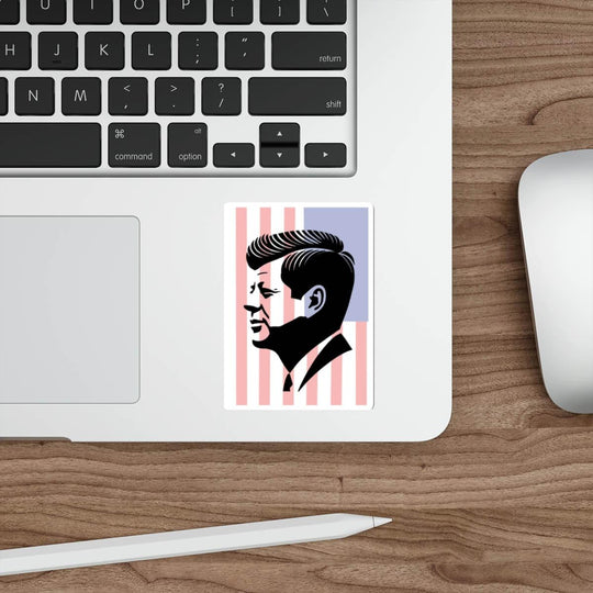 A stylish sticker featuring a minimalist black silhouette of John F. Kennedy in profile. Available with or without a background of minimalist USA flag stripes. Choose from single sticker, pack of 3, or pack of 6.