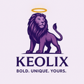Purple lion with a halo above the word 'KEOLIX' on a light purple background