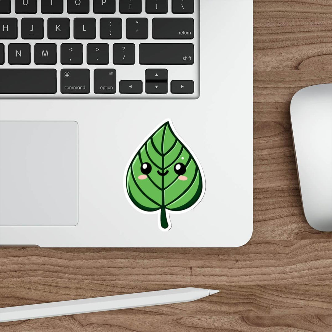 Cute green leaf sticker with a smiling face, featuring a kawaii-style design. Available as a single, pack of 3, or pack of 6 stickers.
