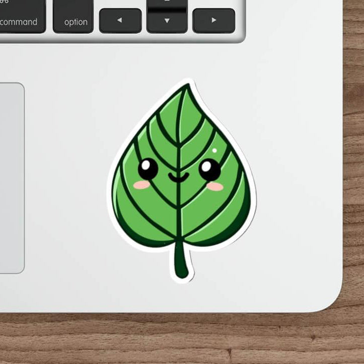 Cute green leaf sticker with a smiling face, featuring a kawaii-style design. Available as a single, pack of 3, or pack of 6 stickers.