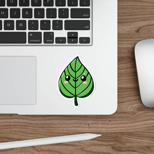 Cute green leaf sticker with a smiling face, featuring a kawaii-style design. Available as a single, pack of 3, or pack of 6 stickers.