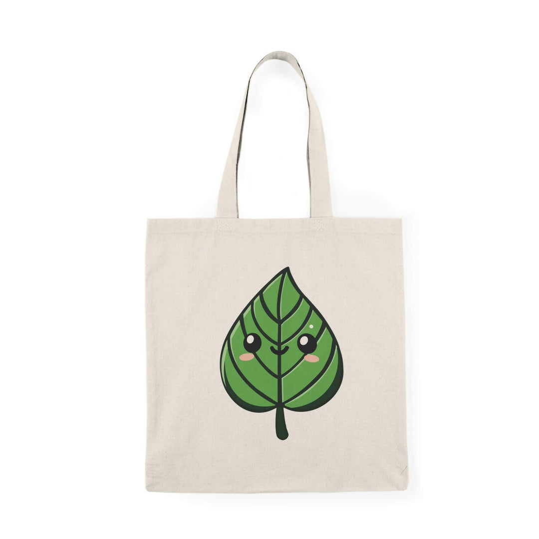 Kawaii leaf tote bag featuring a smiling, cute green leaf design. A perfect accessory for nature lovers and those who enjoy fun, playful designs.