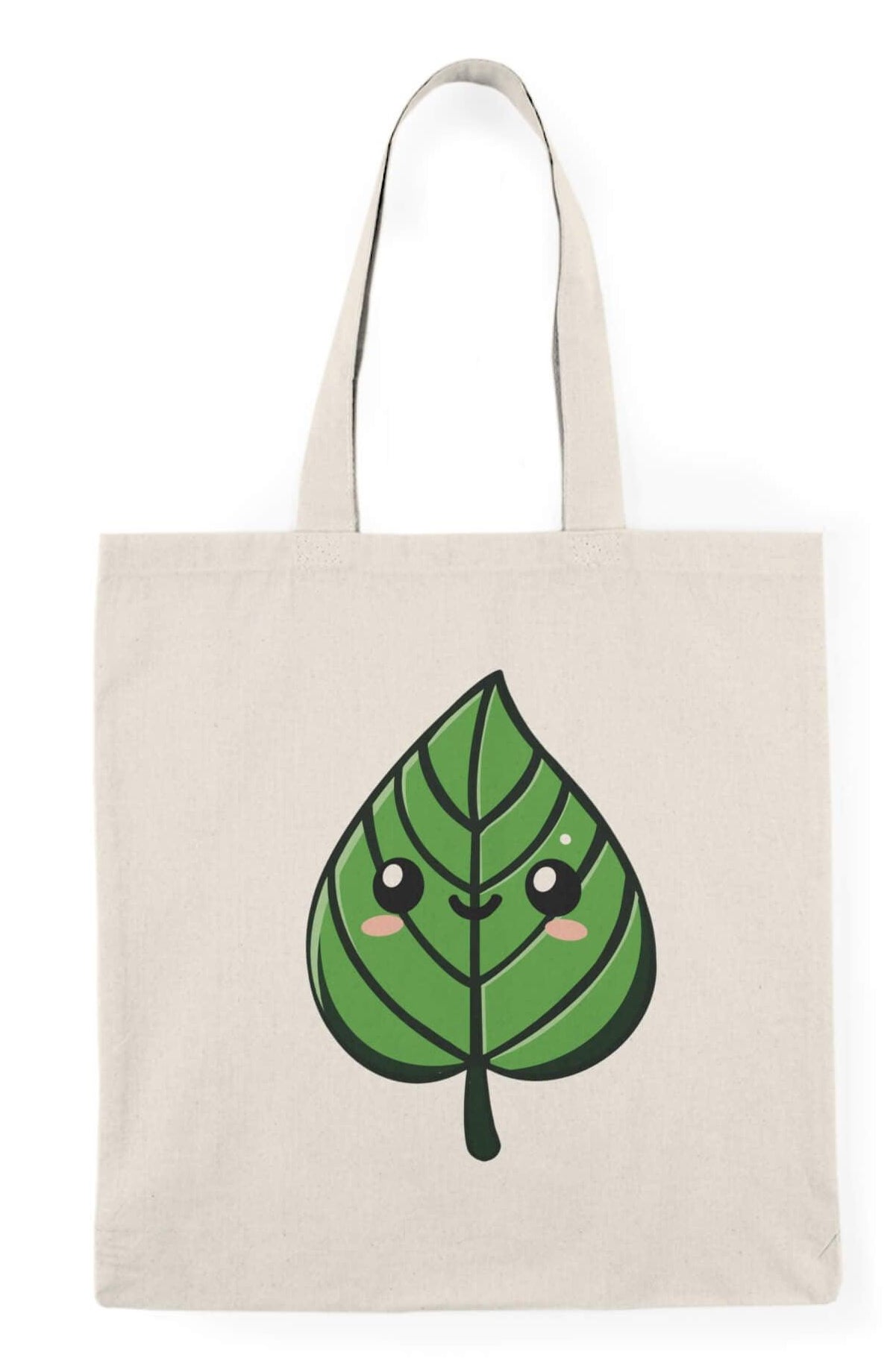 Kawaii leaf tote bag featuring a smiling, cute green leaf design. A perfect accessory for nature lovers and those who enjoy fun, playful designs.