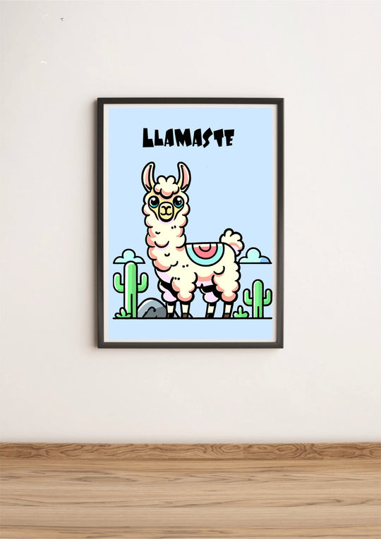 This "Llamaste" Art Print by Baby Keo brings a whimsical touch to your space, showcasing a framed cartoon llama with a serene expression surrounded by pastel-colored cacti on a light blue background. The word "Llamaste" is prominently displayed at the top, while the frame is set against a white wall on a wooden floor.