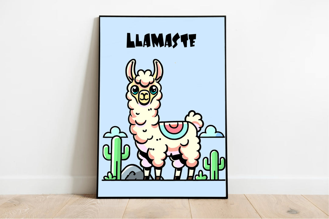 This "Llamaste" Art Print by Baby Keo brings a whimsical touch to your space, showcasing a framed cartoon llama with a serene expression surrounded by pastel-colored cacti on a light blue background. The word "Llamaste" is prominently displayed at the top, while the frame is set against a white wall on a wooden floor.