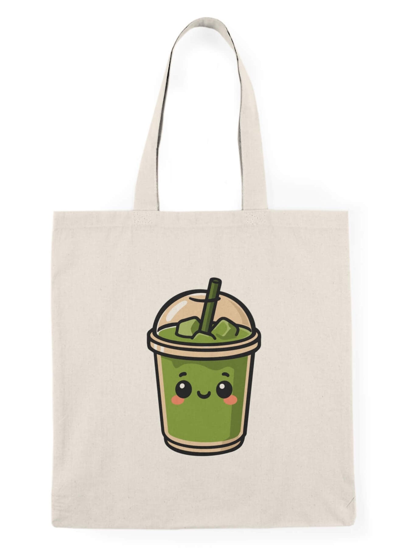 Tote bag with a cute green drink design on a white background
