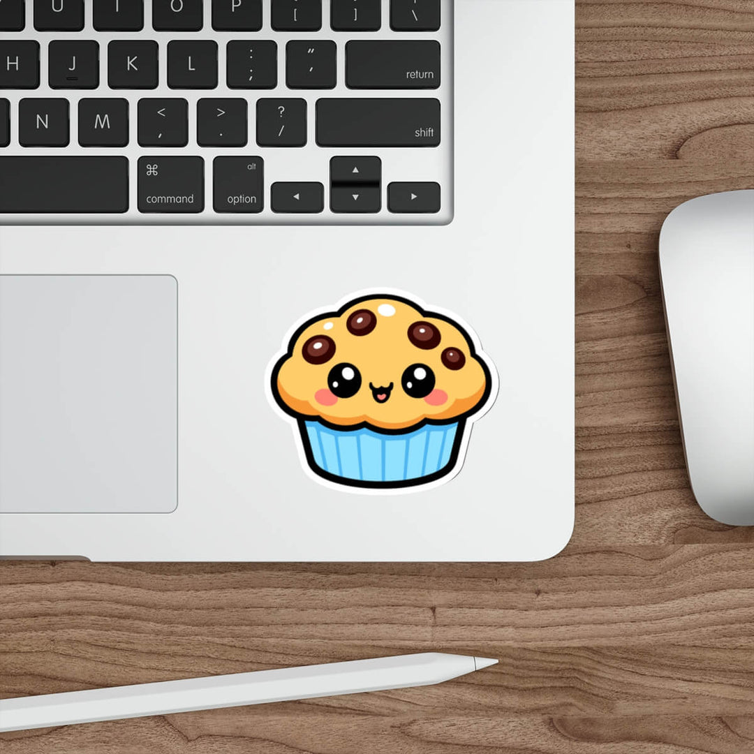 Cute kawaii muffin vinyl sticker with smiling face and pastel colours.”
