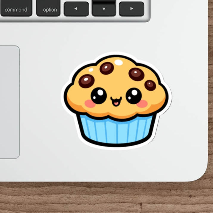 Cute kawaii muffin vinyl sticker with smiling face and pastel colours.”