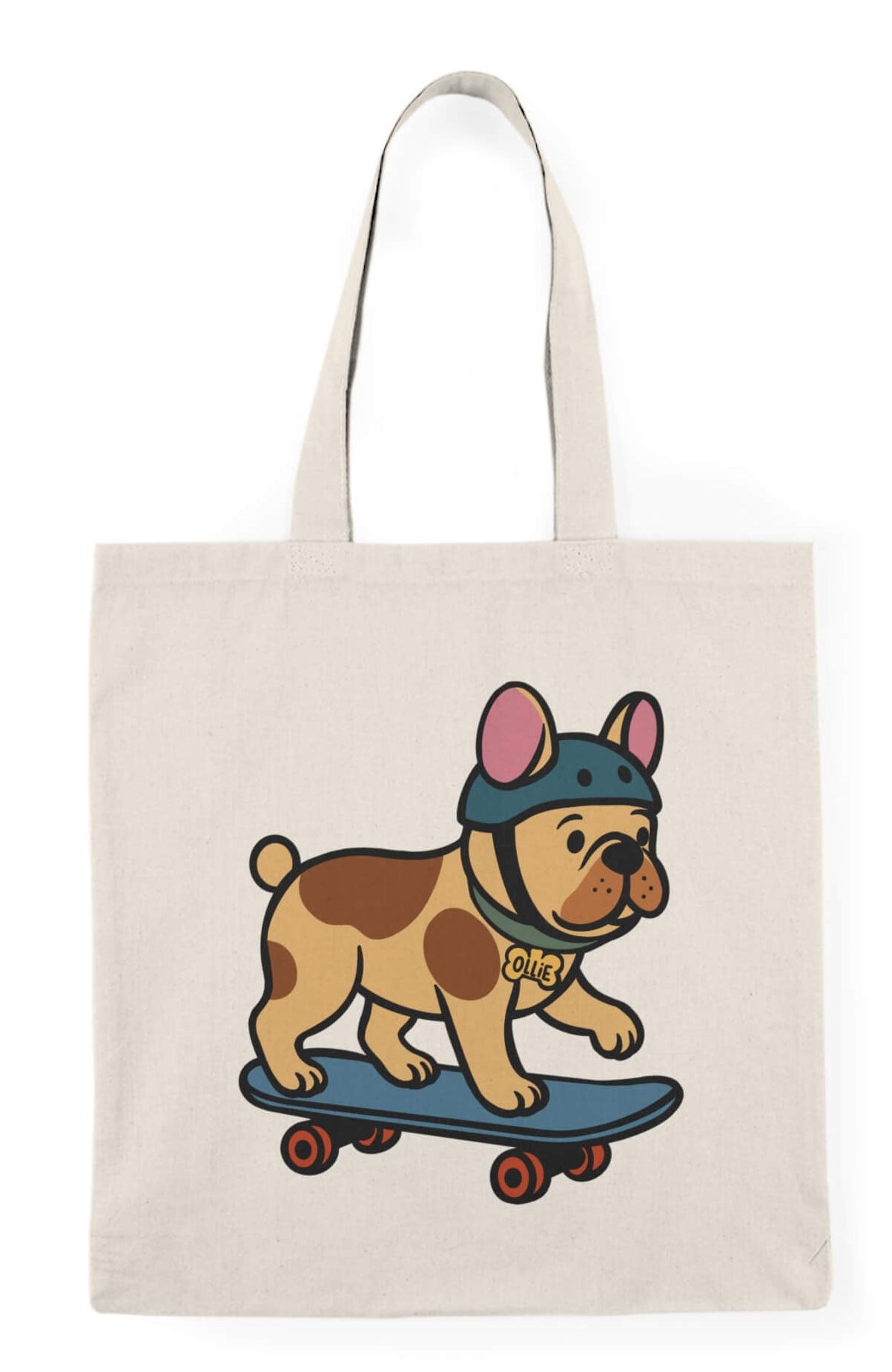 Canvas tote bag featuring a cartoon French bulldog named Ollie wearing a helmet and riding a blue skateboard, printed on a neutral beige cotton bag.