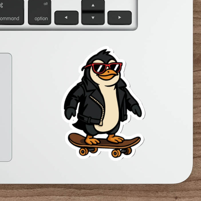 Sticker of a cartoon penguin in a black leather jacket and red sunglasses riding a skateboard, placed on a laptop next to a pencil.