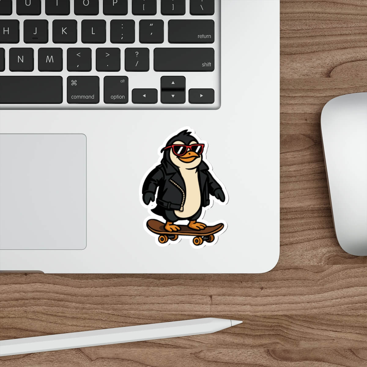 Sticker of a cartoon penguin in a black leather jacket and red sunglasses riding a skateboard, placed on a laptop next to a pencil.