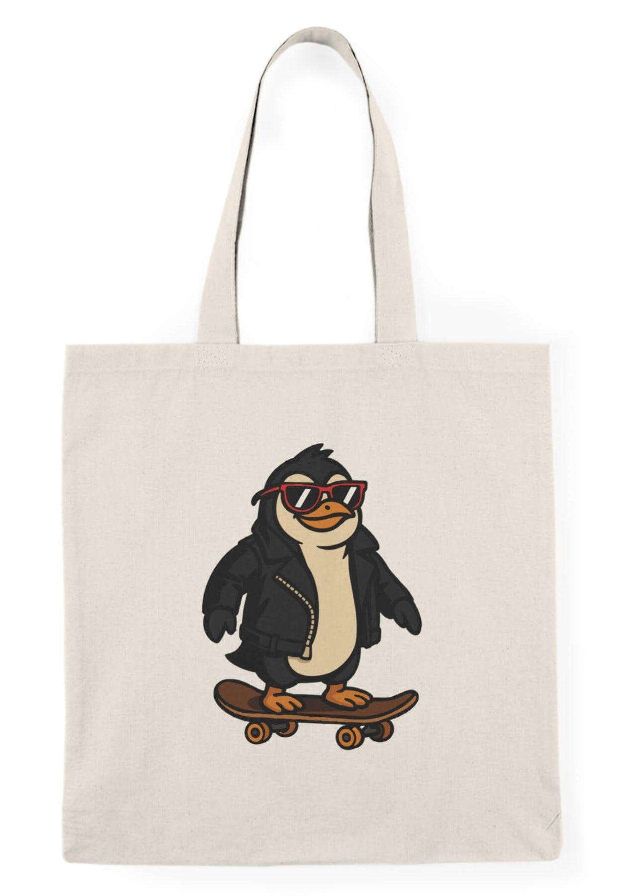 Tote bag with a cartoon penguin wearing a leather jacket and red sunglasses, riding a skateboard. Printed on natural cotton canvas.