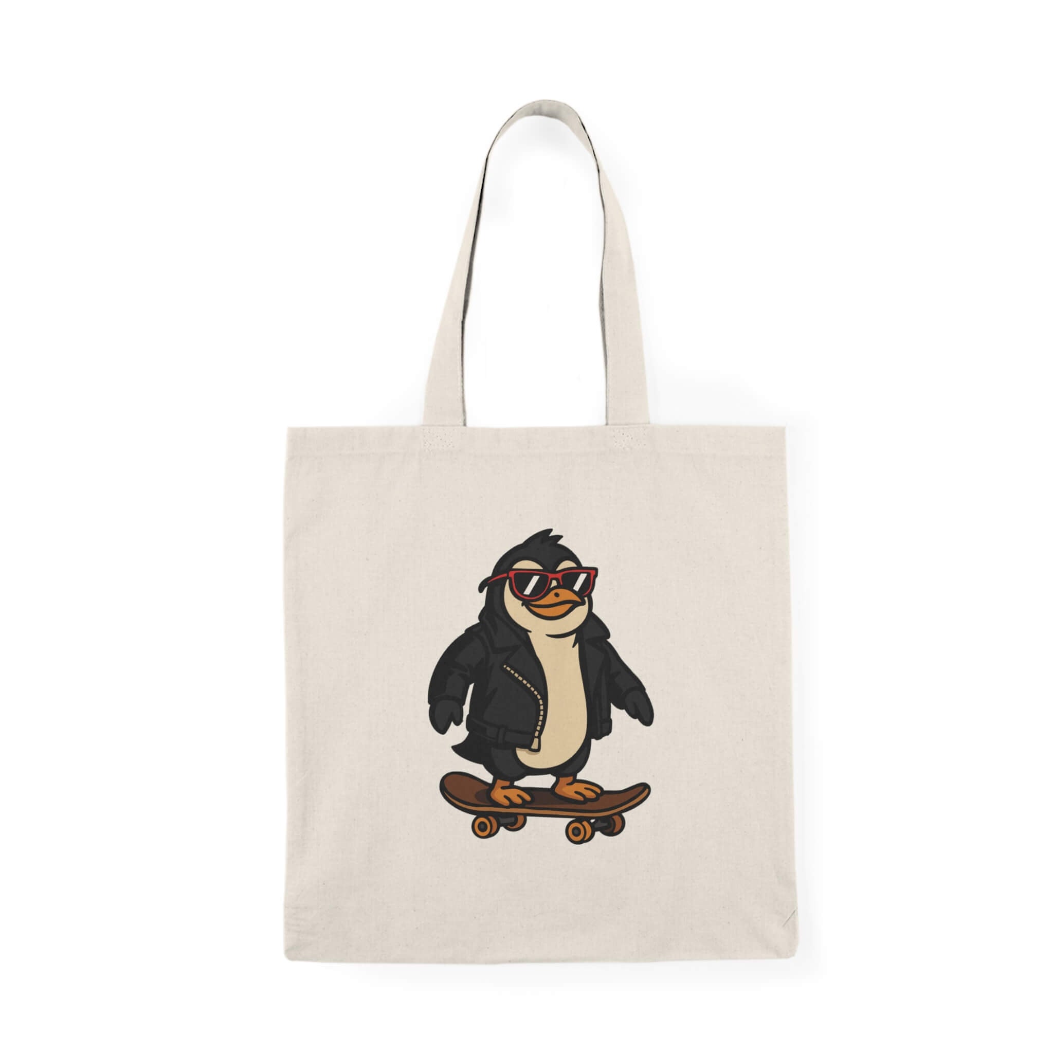 Tote bag with a cartoon penguin wearing a leather jacket and red sunglasses, riding a skateboard. Printed on natural cotton canvas.