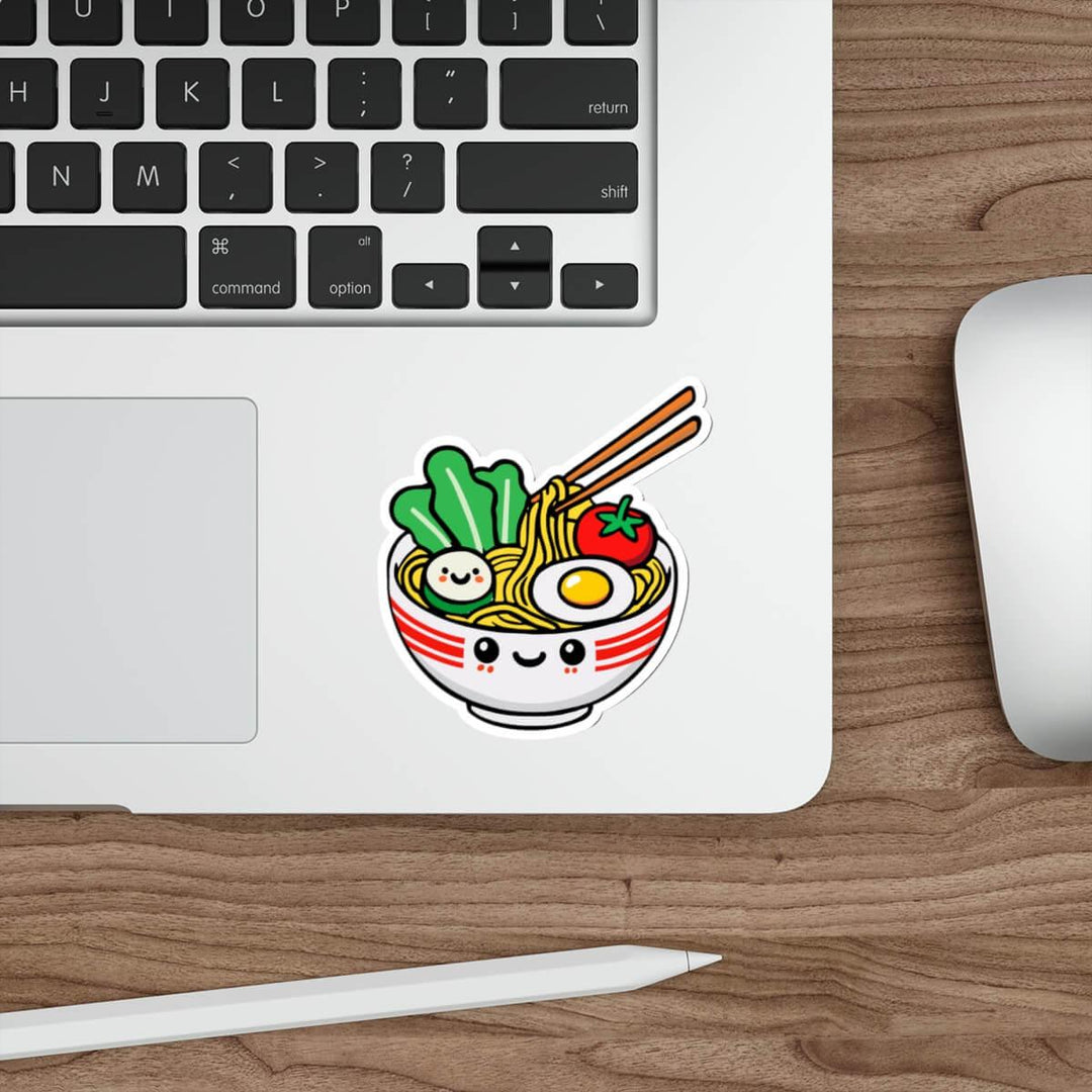 Kawaii pho sticker featuring a smiling bowl of pho with noodles, veggies, and an egg. Available as a single sticker, or in packs of 3 or 6. Perfect for food lovers.