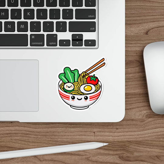 Kawaii pho sticker featuring a smiling bowl of pho with noodles, veggies, and an egg. Available as a single sticker, or in packs of 3 or 6. Perfect for food lovers.
