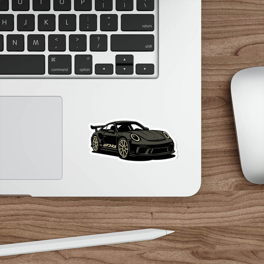 Stylized black sports car vinyl sticker inspired by luxury European track cars, placed on a laptop surface for aesthetic decoration. porsche gt3 rs