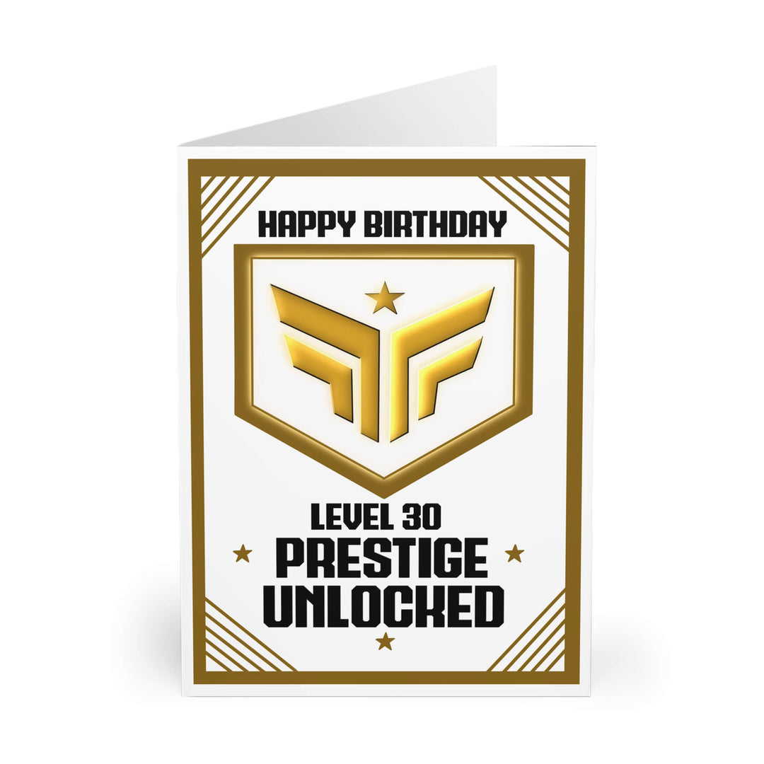 Prestige Unlocked Birthday Card in White with a Gold Star Design and Iconic "Prestige Unlocked" Text