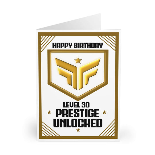 Prestige Unlocked Birthday Card in White with a Gold Star Design and Iconic "Prestige Unlocked" Text