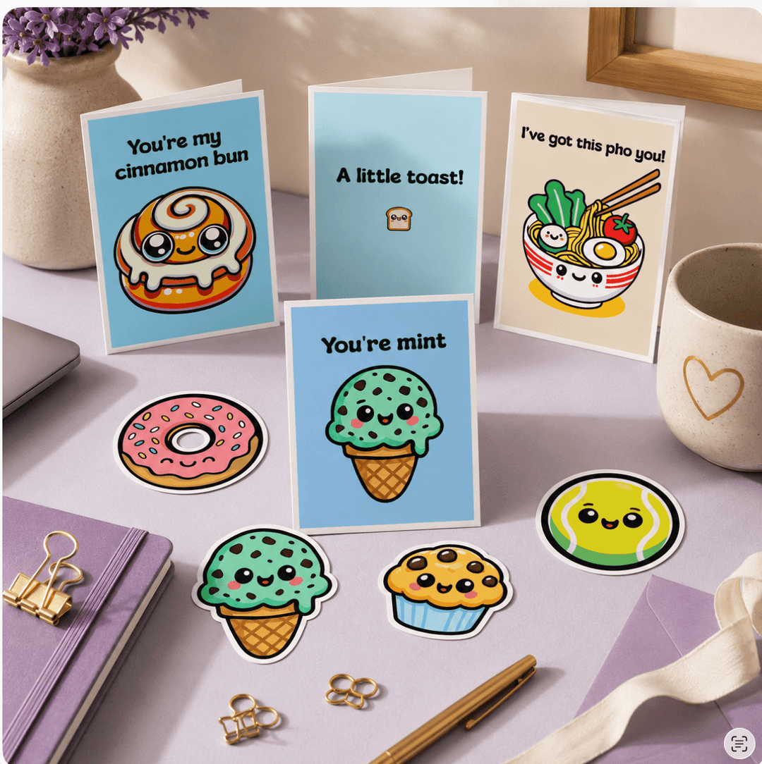 KEOLIX greeting cards and stickers displayed on a pastel lavender desk with stationery accessories, showcasing cute kawaii-inspired gift products and colourful card designs.