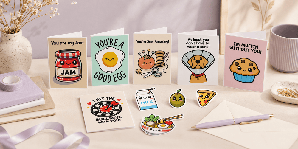 KEOLIX greeting card and sticker collection displayed in a bright stationery lifestyle setting featuring cute pun cards, gift products, envelopes and desk accessories.