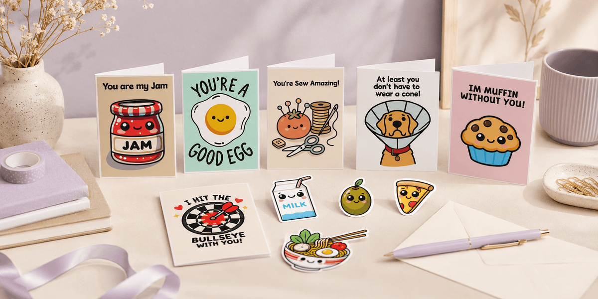 KEOLIX greeting card and sticker collection displayed in a bright stationery lifestyle setting featuring cute pun cards, gift products, envelopes and desk accessories.
