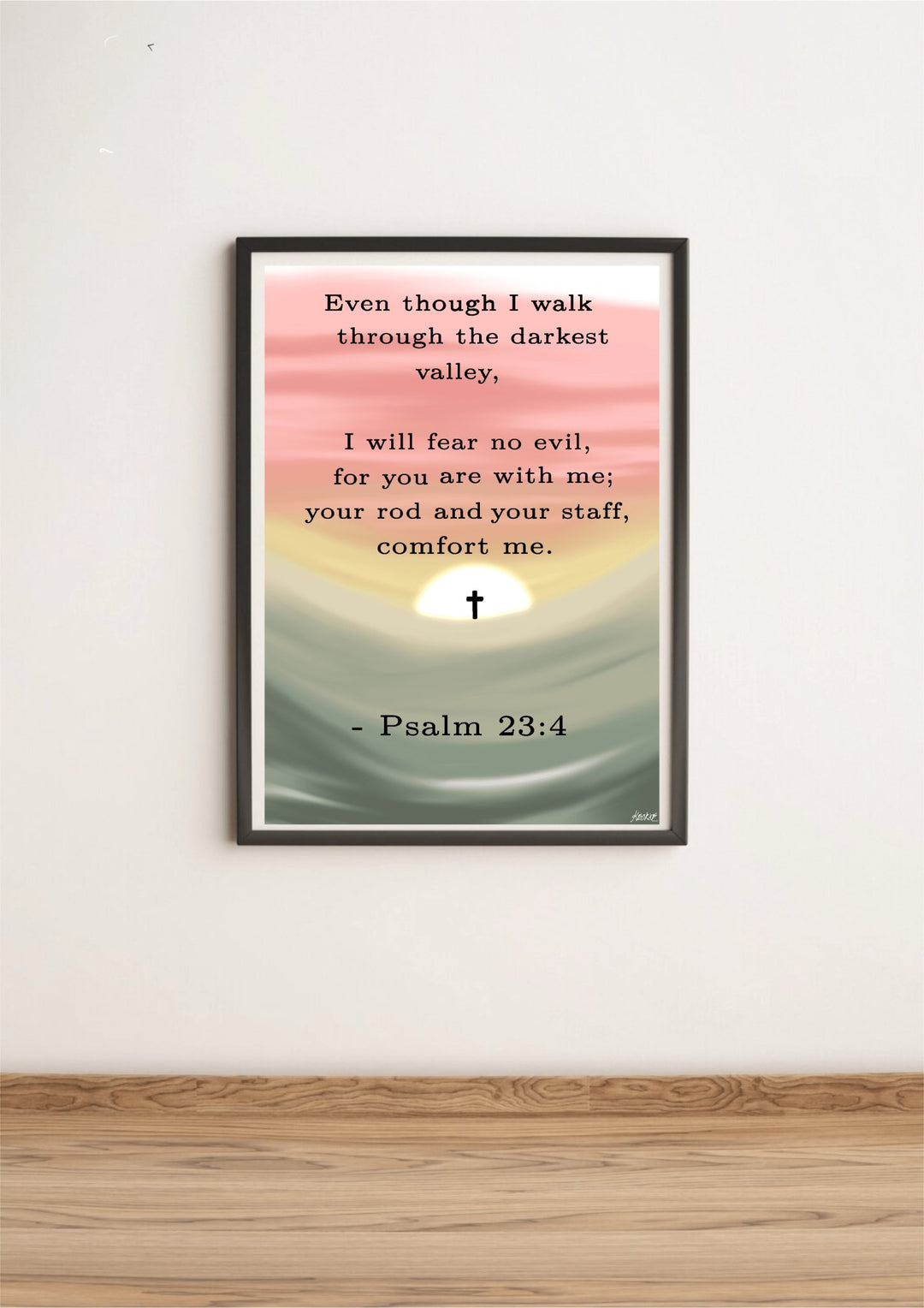 Looking to add a touch of faith and comfort to your space? Check out the "Psalm 23:4" Minimalist Art Print, elegantly displayed on a wooden floor against a crisp white wall. This beautiful piece is like a beacon of hope with its stunning sunset gradient in shades of pink, orange, and green. It features a striking cross silhouette and the reassuring words: "Even though I walk through the darkest valley, I will fear no evil." Perfect for anyone seeking inspiration and solace in their home or office.