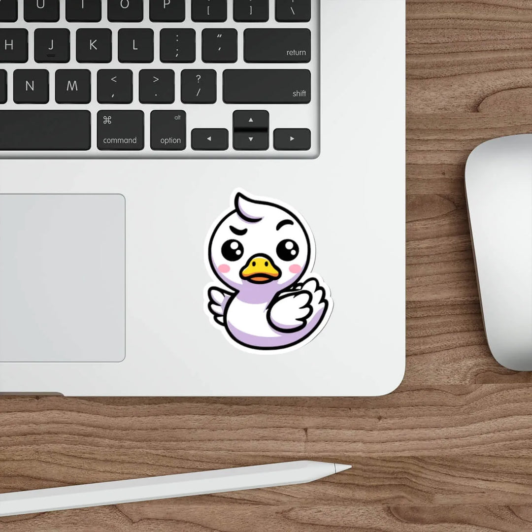 A funny waterproof sticker featuring a feisty white duck with a determined expression. Perfect for laptops, notebooks, and water bottles.