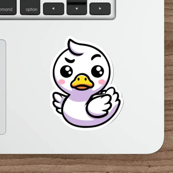 A funny waterproof sticker featuring a feisty white duck with a determined expression. Perfect for laptops, notebooks, and water bottles.