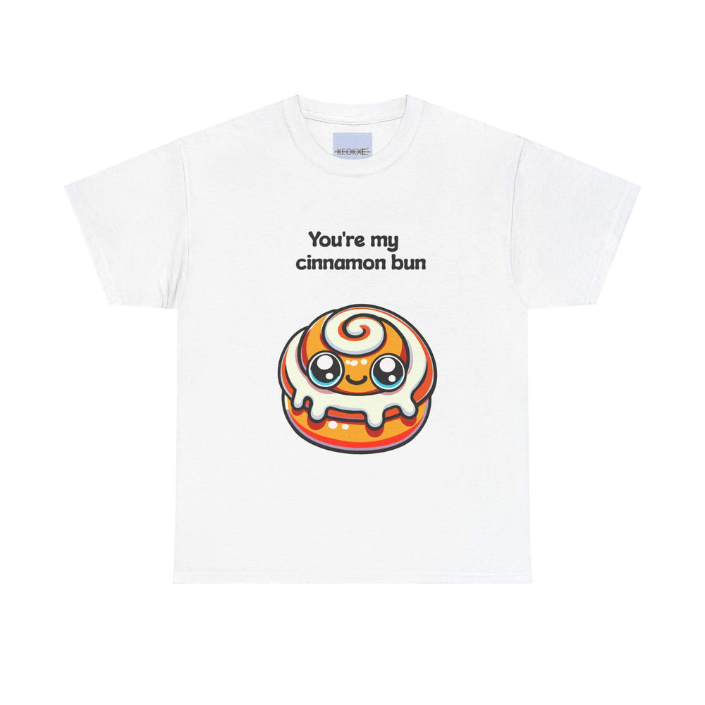 A white heavy cotton T-shirt featuring a kawaii-style cinnamon bun design with the phrase "You're my cinnamon bun" above it, perfect for casual wear or as a fun gift.
