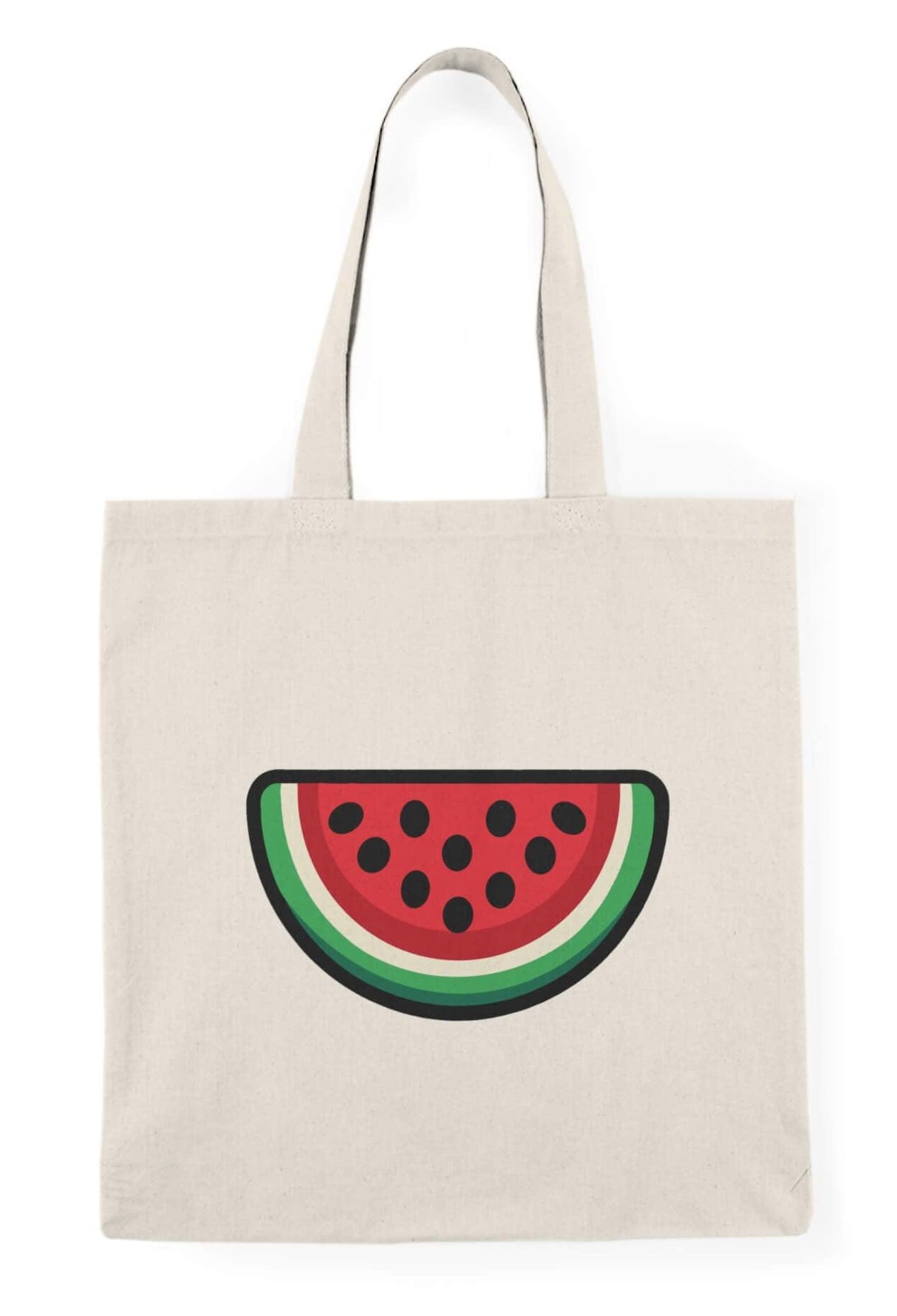Watermelon tote bag featuring a vibrant, cartoon-style watermelon slice design with red flesh, black seeds, and green rind. Made of 100% recycled cotton.

