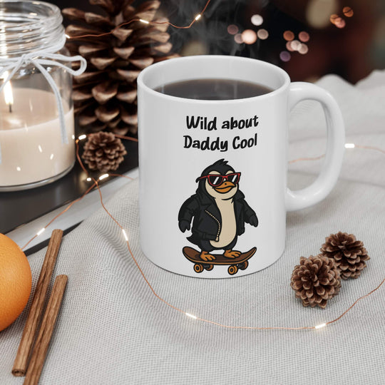 White ceramic mug featuring a cartoon penguin in a leather jacket and red sunglasses on a skateboard, with the text “Wild about Daddy Cool.”