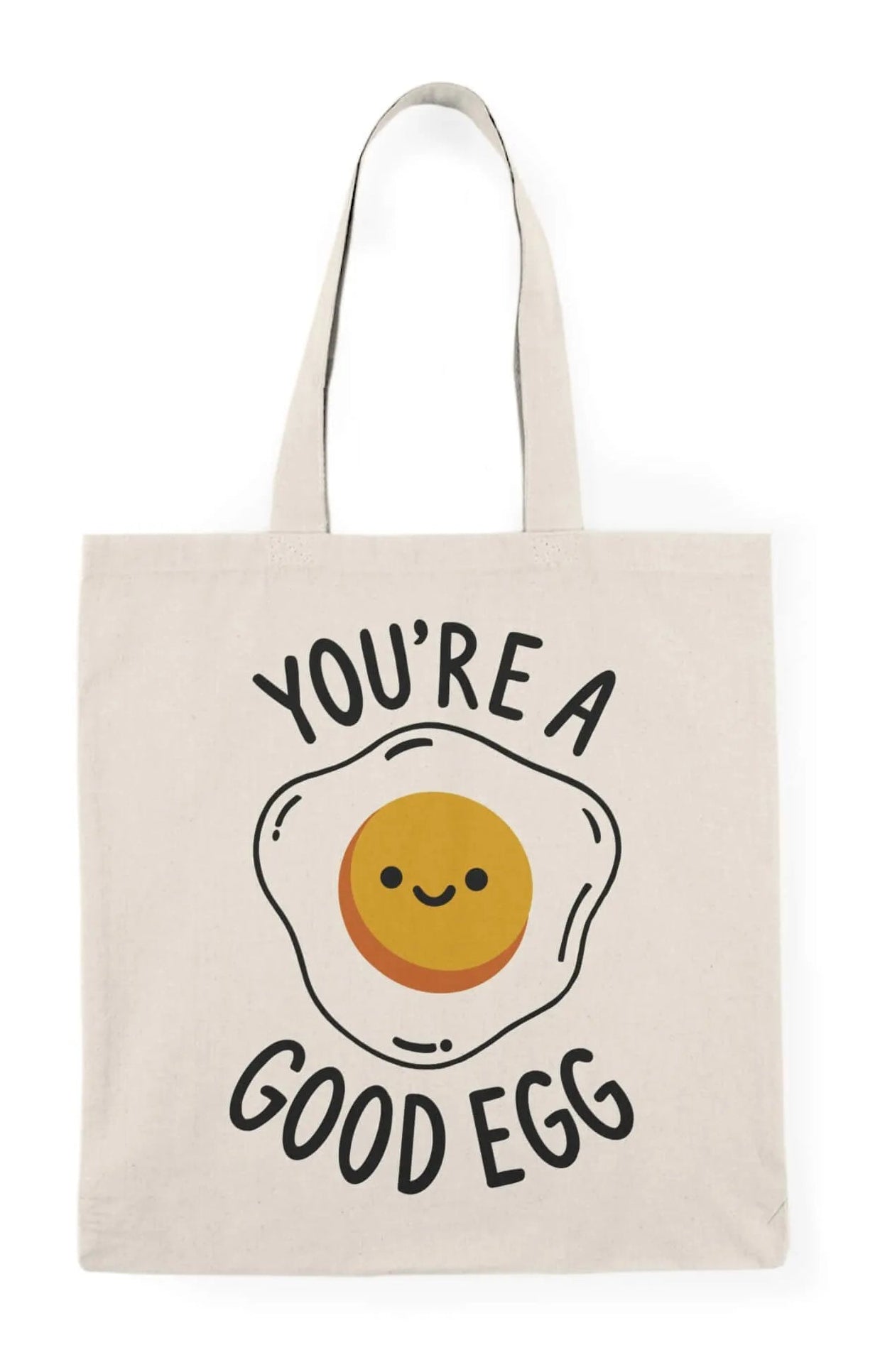 A reusable tote bag featuring a cute fried egg illustration with a smiling face on natural recycled cotton. Optionally includes "You're a Good Egg" text.