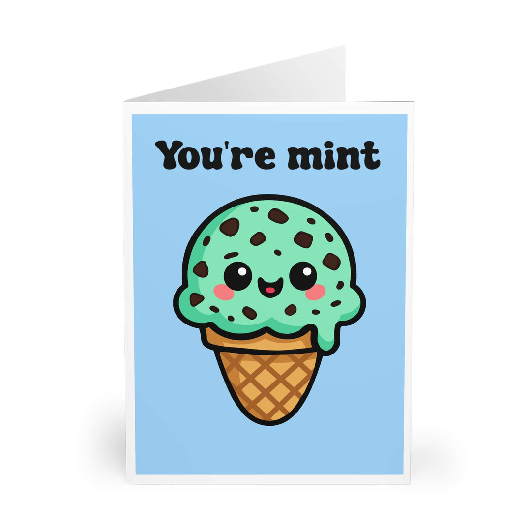 Cute pastel greeting card featuring a mint chocolate chip ice cream character with a kawaii face and the text "You're Mint" in bold black font, set against a soft baby blue background.

